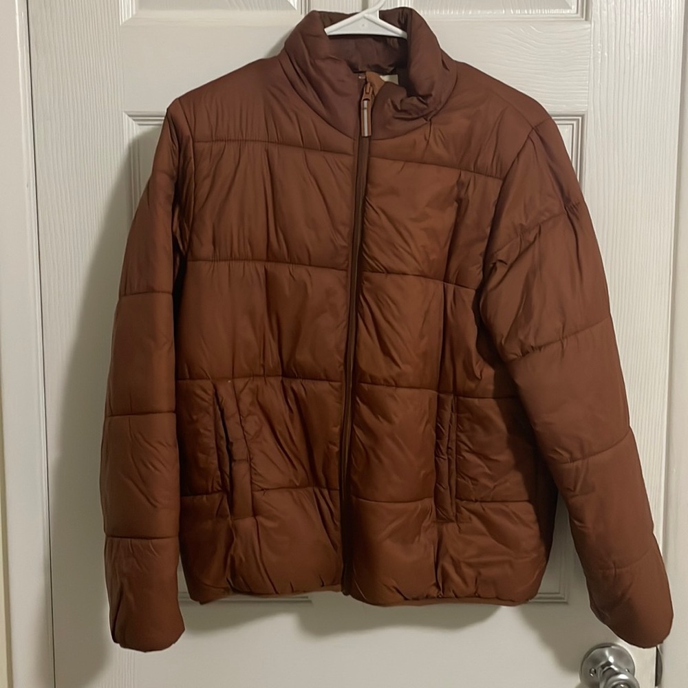 Leather tan puffer jacket size s